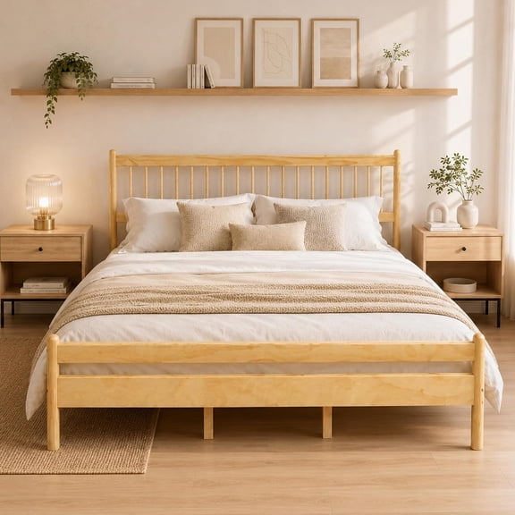 MUERE King Bed Frame, Pinewood Platform Bed Frame with Windsor-Style Spindle Headboard, Rustic Farmhouse Bedframe, Strong Wood Slat Support, No Box Spring Needed, Natural