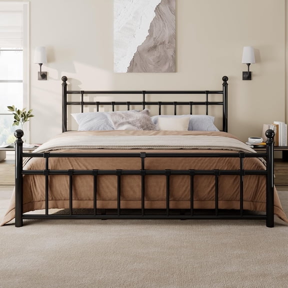 MUERE King Size Metal Bed Frame, Platform Bed with Classic Wrought Iron-Art Headboard and Footboard, 12" Underbed Space, No Box Spring Needed, Easy Assembly, Noise-Free, Black