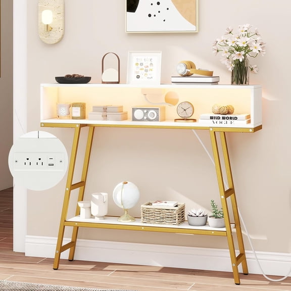 MUERE LED Console Table with Charging Station, 40” Long Narrow Entryway Table with Storage, Lights, Outlet & Remote, 3-Tier Behind Couch Sofa Table for Living Room, Hallway (White & Gold)