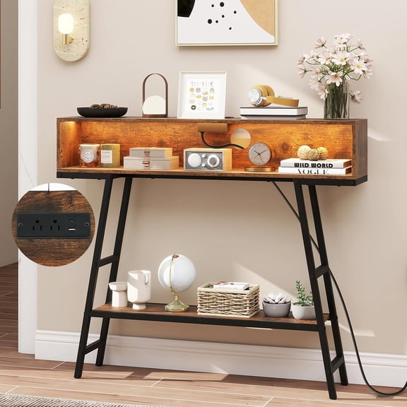 MUERE LED Console Table with Charging Station, 40 Long Narrow Entryway Table with Storage, Lights, Outlet & Remote, 3-Tier Behind Couch Sofa Table for Living Room, Hallway (Rustic Brown & Black)