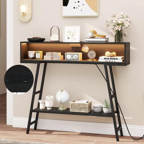 MUERE LED Console Table with Charging Station, 40 Long Narrow Entryway Table with Storage, Lights, Outlet & Remote, 3-Tier Behind Couch Sofa Table for Living Room, Hallway (Black)