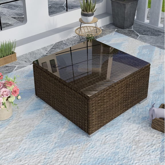 MUERE Outdoor Patio Furniture Brown Wicker Coffee Table for Sectional Sofa