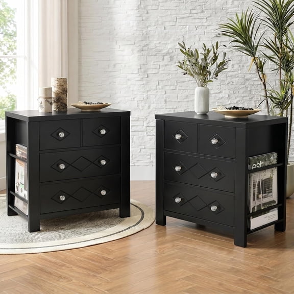 MUERE Paint Nightstand with Charging Station Set of 2, 3 Drawer Night Stand with Side Storage Shelves, Minimalist Bedside Table with Crystal-Style Handles, Side Table for Bedroom,Black