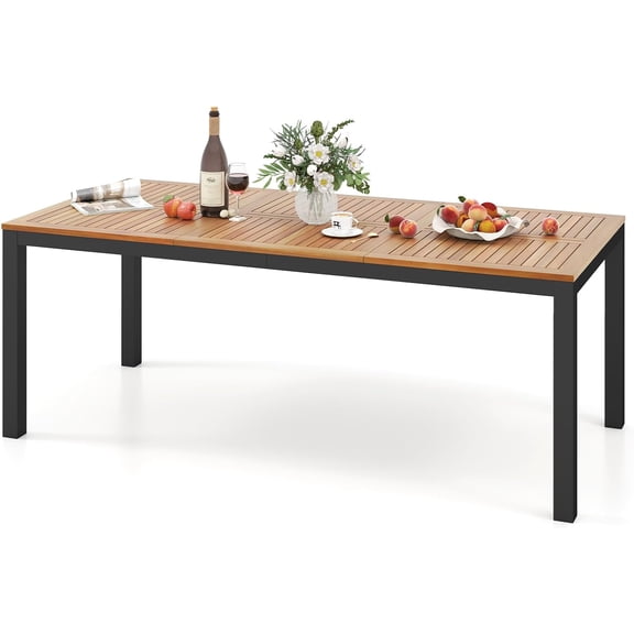 MUERE Patio Dining Table for 8, 79" Large Rectangle Table with Acacia Wood Tabletop & Heavy Duty Metal Frame, Outdoor Dining Table with 2" Umbrella Hole for Backyard, Lawn & Garden