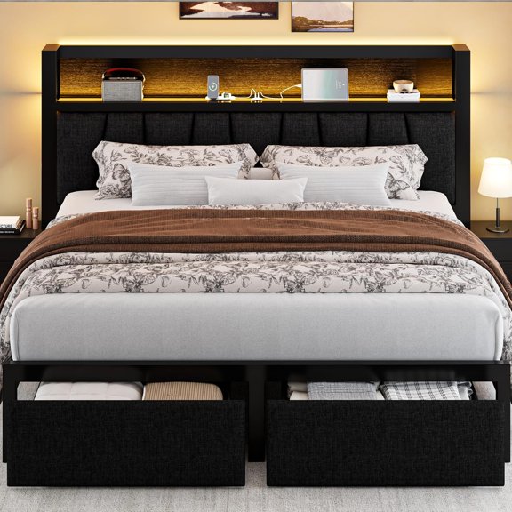MUERE Queen Bed Frame with Storage Platform Bed with Headboard Charging Station & 2 Drawers No Box Spring Needed Noise Free Easy Assembly Optional LED Lights