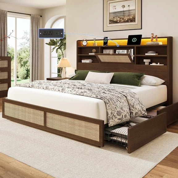MUERE Queen Size Rattan Bed Frame with 4 Storage Drawers and Hidden Storage Headboard Wooden Platform Bed Frame with LED Lights and Charging Station, No Box Spring Needed, Easy Assembly, Brown