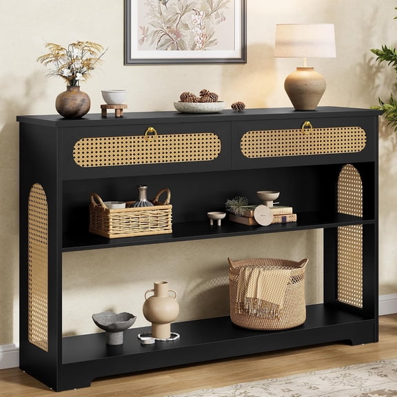 MUERE Rattan Console Table with 2 Drawers, 3-Tier Boho Woven Entryway Table with Back Panel and Open Storage Shelf, 40" Wood Narrow Long Sofa Tables for Hallway, Foyer, Living Room, Black
