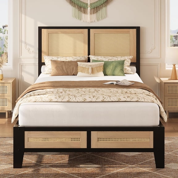 MUERE Rattan Twin Bed Frame with Headboard, Boho Bed with Noise-Free | Twin bed frame wood with a weight capacity of up to 650 pounds and perfect for compliments coastal, farmhouse, or modern