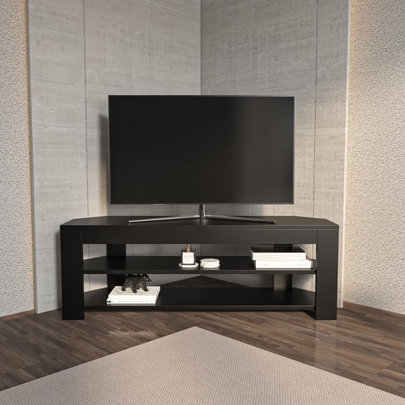 MUERE Rita Corner TV Stand, Modern Entertainment Center with Open Shelves for Up to 60 inch Tvs (Black)