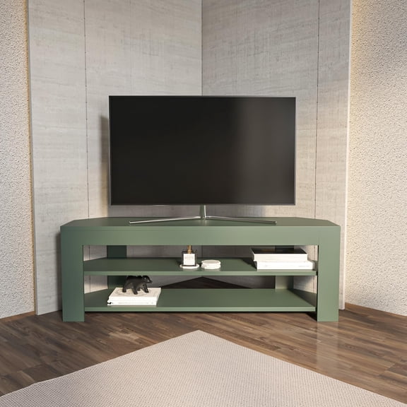 MUERE Rita Modern Corner TV Stand for TVs up to 60 Inch, Low Profile Entertainment Center with Open Shelves, Space-Saving Media Console for Living Room & Apartment,(Green)
