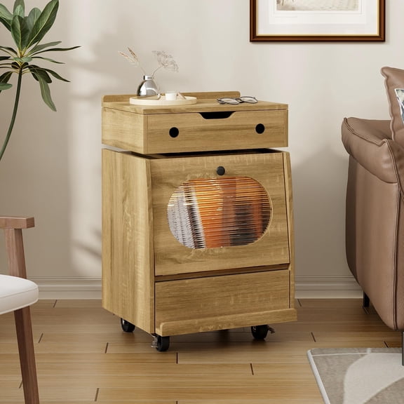 MUERE Robot Side Table with Wheels for Living Room, LED End Side Table with 360 Rotating Drawer, Led Night Stand, 2 Drawer Kids Nightstand, Modern Storage Cabinet for Living Room, Bedroom, Natural