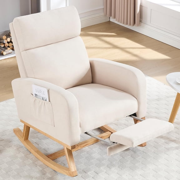 MUERE Rocking Chair Nursery, Nursing Rocking Chairs with Foot Rest for Mom Nursery, Glider Rocker Chair with Footrest and High Backrest for Living Room, Bedroom, Beige