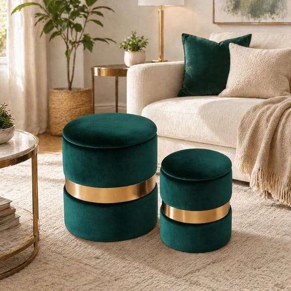 MUERE Round Ottoman with Storage Set of 2, Velvet Green Ottoman with Gold Metal Band, Upholstered Foot Stools for Home Decor, Large Storage & Space Saving (Dark Green)