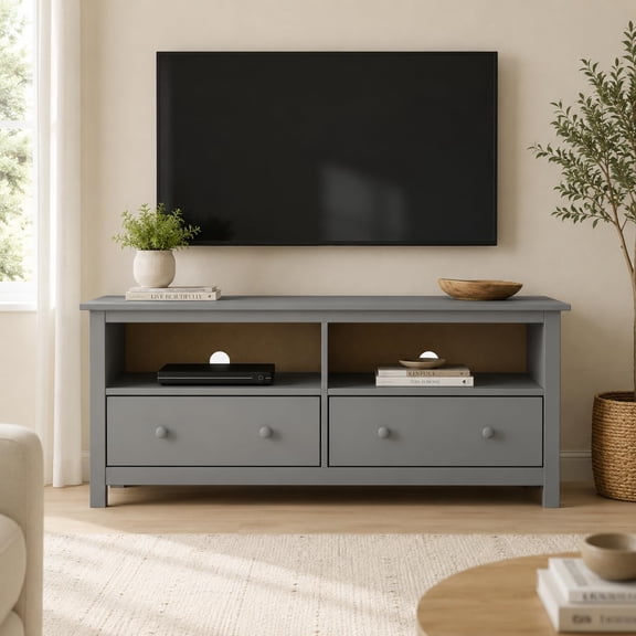 MUERE Solid Pine TV Stand, 47" Wide — Gray Media Console with 2 Drawers, Open Shelves & Cable Management — Fits TVs up to 55 Inches