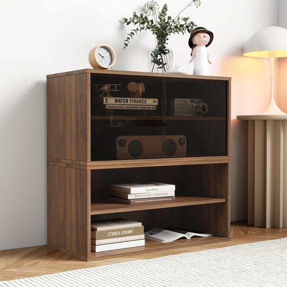 MUERE Stackable Storage Cabinet Set of 2 with Dark Glass Sliding Doors Shelf Modular Cabinet Storage Rectangle for Dining Room, Bedroom, Living Room Small Walnut Finish