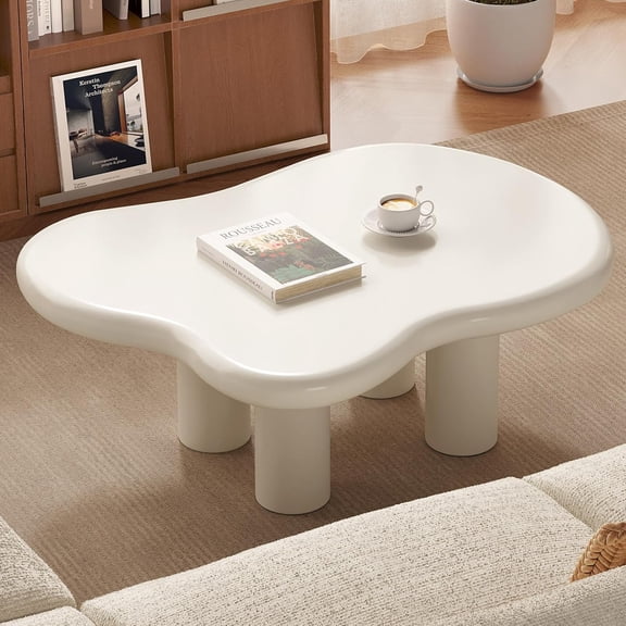 MUERE White 35.43" L Cloud Free Shape Coffee Table with 4 Legs Cream Style Center Coffee Table for Living Room Cute Round Corner End Table Funky Irregular Side Table for Bedroom