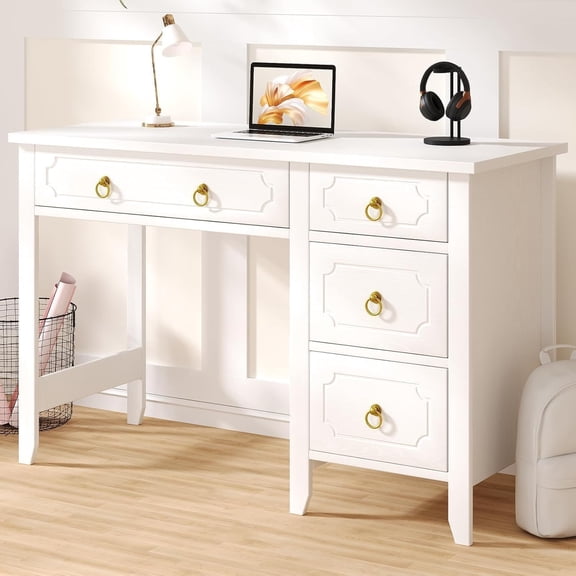 MUERE White Desk with Drawers, 45" Home Office Desk with Storage Drawers for Bedroom, Make Up Vanity Desk with Golden Handle, White