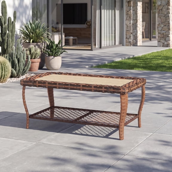 MUERE Wicker Outdoor Coffee Table, Rectangular Metal Frame Garden Table for Garden, Lawn, Patio