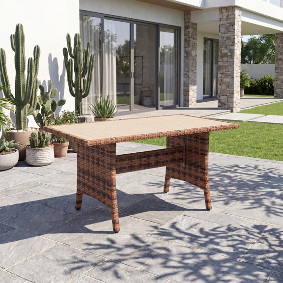 MUERE Wicker Outdoor Dining Table, Rectangular Metal Frame Garden Table for Garden, Lawn, Patio