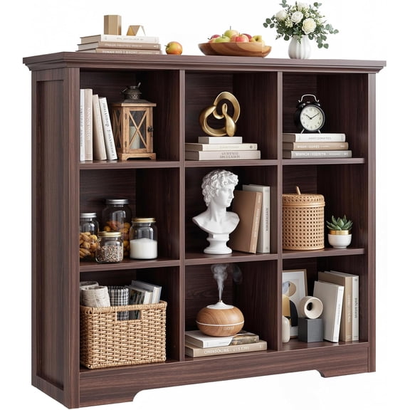 MUERE Wooden 9-Cube Storage Organizer with Charging Ports, Modern Cube Bookcase with Base, 4-Tier Floor Standing Open Cubbies Bookshelf, Cubicle Display Shelf for Home and Office, Black Walnut