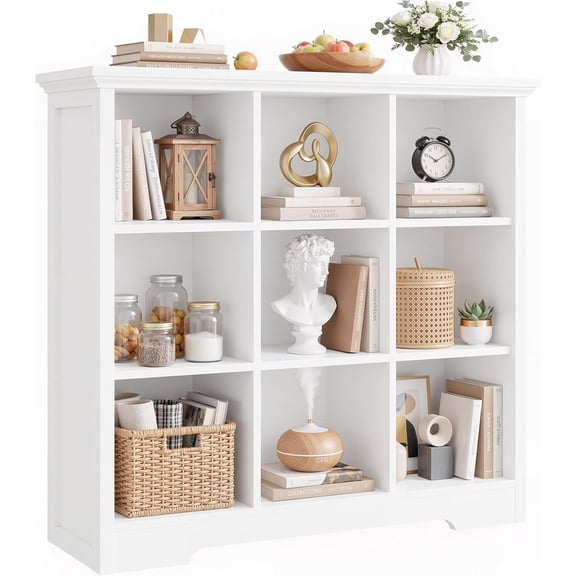 MUERE Wooden 9-Cube Storage Organizer with Charging Ports, Modern Cube Bookcase with Base, 4-Tier Floor Standing Open Cubbies Bookshelf, Cubicle Display Shelf for Home and Office, White