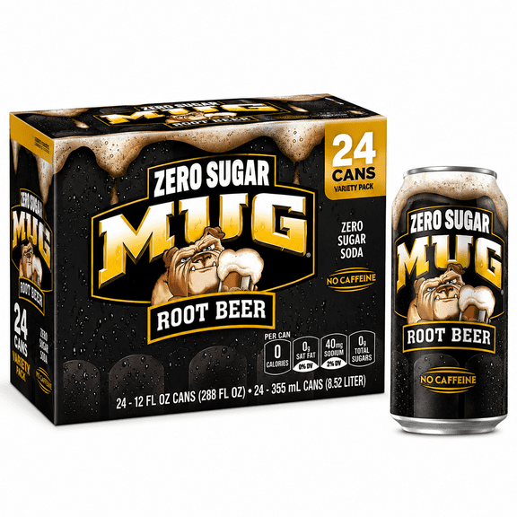 MUG Zero Sugar Root Beer Soda, 12 fl oz Cans, 24 Count