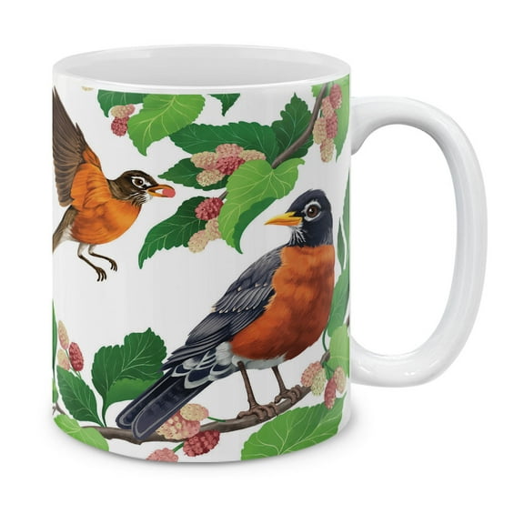 WIRESTER 11oz 325ml Ceramic Tea Cup Coffee Mug With Handgrip For Gift, Birthday, Anniversary, Christmas - American Robin Birds