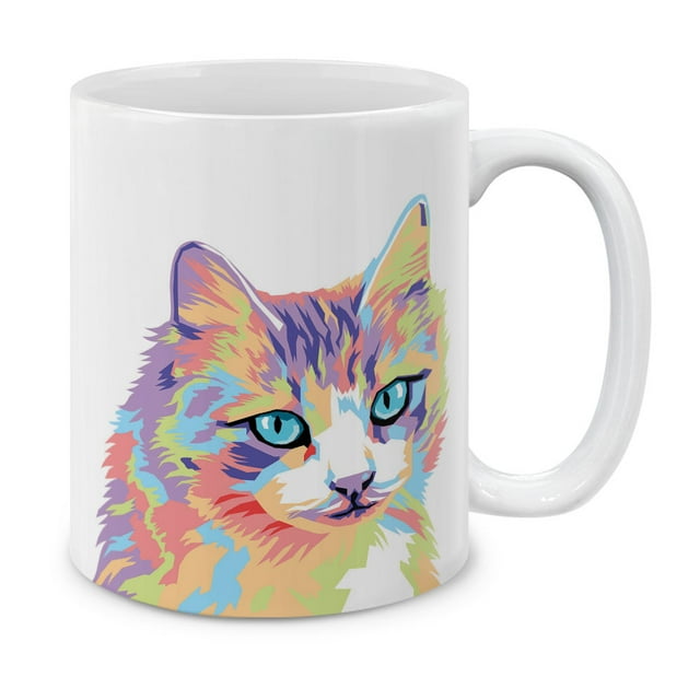 MUGBREW 11 Oz Ceramic Tea Cup Coffee Mug, Pastel Colorful Cat Vector Portrait