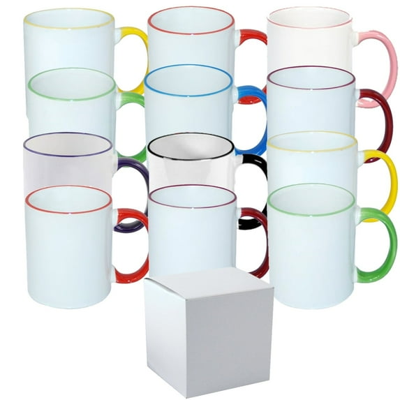 MUGSIE 11 oz Porcelain Mixed Color Rim & Handle Sublimation Mugs (12 Count)