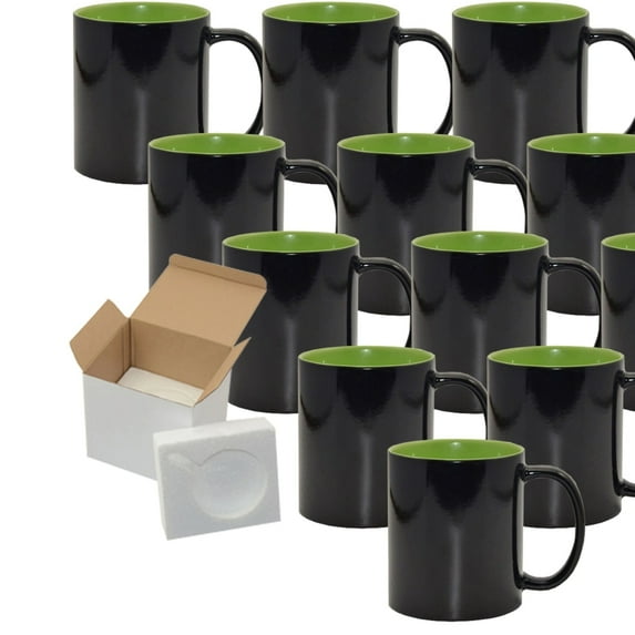 MUGSIE 12 Pack 11oz Green Inner Magic Color Charging Sublimation Mugs - Cardboard Box with Foam Supports