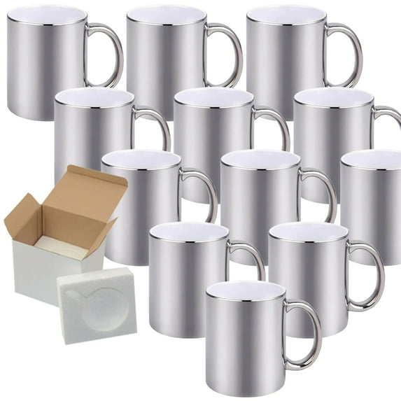 MUGSIE 12 Pack of 11OZ METALLIC SILVER inner & Handle Sublimation Ceramic Mugs - Professional Grade - Cardboard Box with Foam