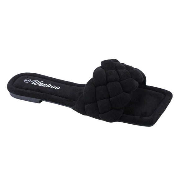 【MUI-4 SUEDE】Women's Square Open Toe Slides Braided Woven Single Band Slip on Flat Sandals Footwear Shoe Girl Summer Walking Shoes Leather Rubber Tactical Casual Decor