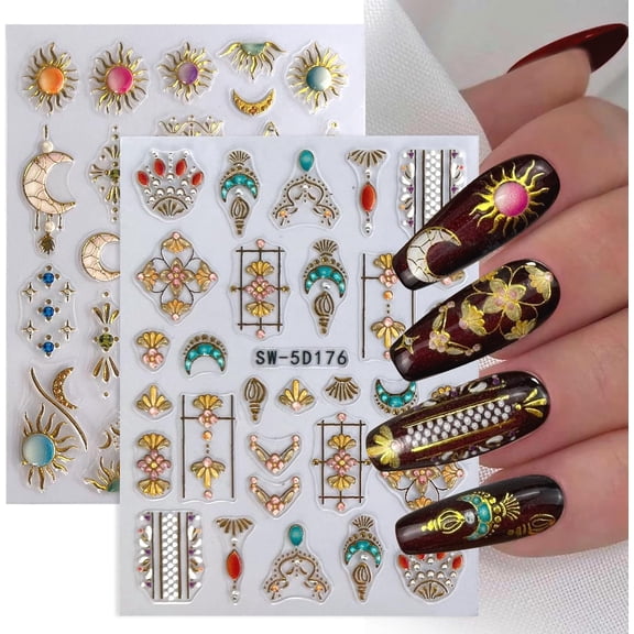 MUIIIGOOD 2 Sheet Sun Moon Stars Boho Nail Stickers Charms for Nail Art 5D Embossed Bohemian Style Floral Nail Decals Metallic Gold Sun Moon Star Luxury Celestial Nail Art Stickers Supplies for Women