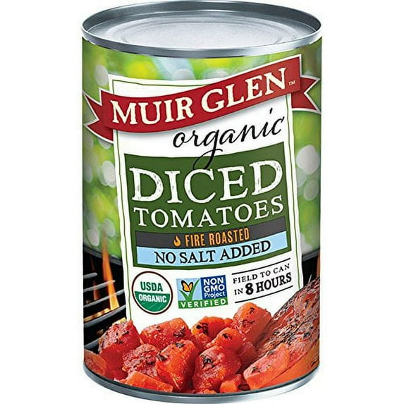 MUIR GLEN, Organic Tomatoes, Fire Roasted, Diced, No Salt, Pack of 12, Size 28 OZ, (Gluten Free GMO Free 95%+ Organic)
