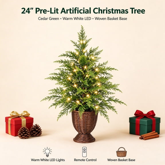 MUIVYYN Potted Christmas Tree, 24"Pre-Lit Cypress Green Artificial Christmas Tree with Woven Basket & Warm White LED Lights, Artificial Spruce For Entryway, Living Room, Porch