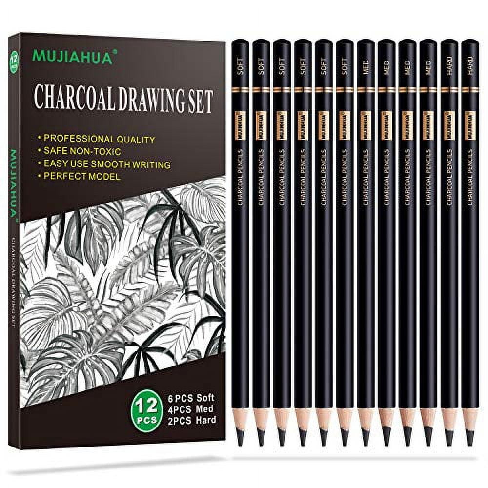 MISULOVE Professional Charcoal Pencils Drawing Set - 12 Pieces Soft Medium  Hard