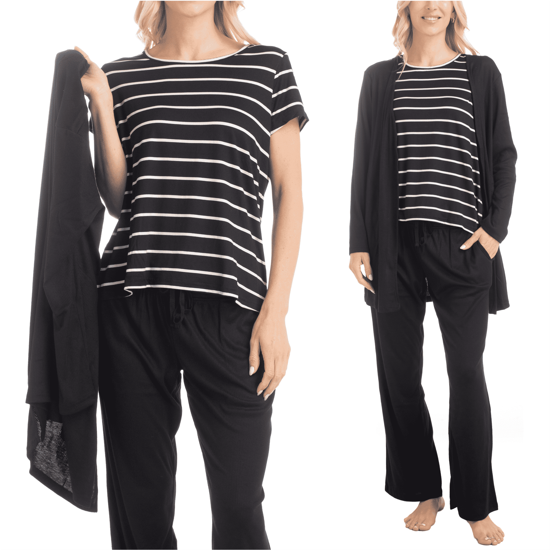 TKMK Lounge wear set 【BLACK】 MUK LUKS Anything 3 Piece Sleep and Lounge Set, Black Stripe, P/M