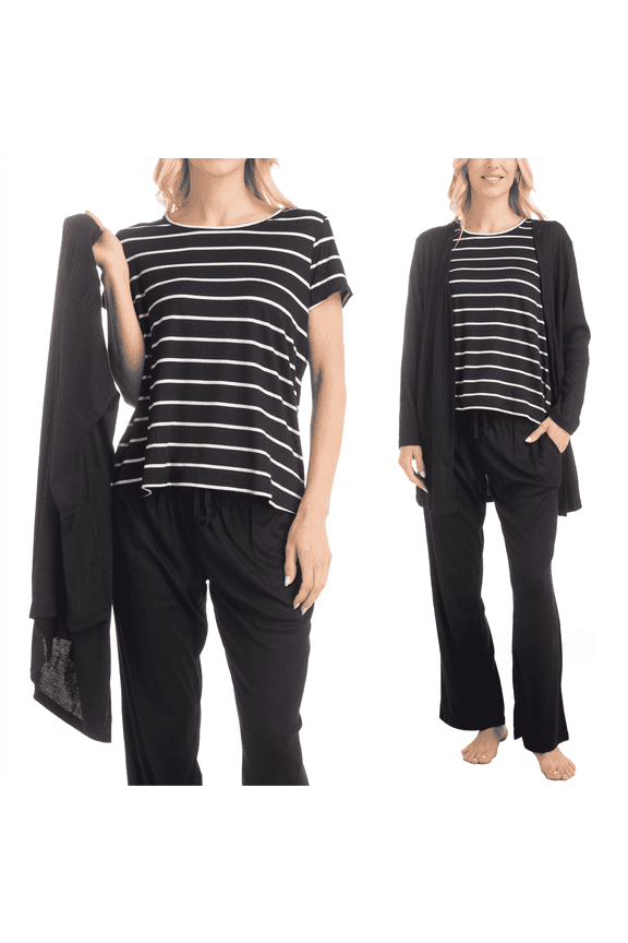 Anything 3 Piece Sleep and Lounge Set, Black Stripe, T/XS