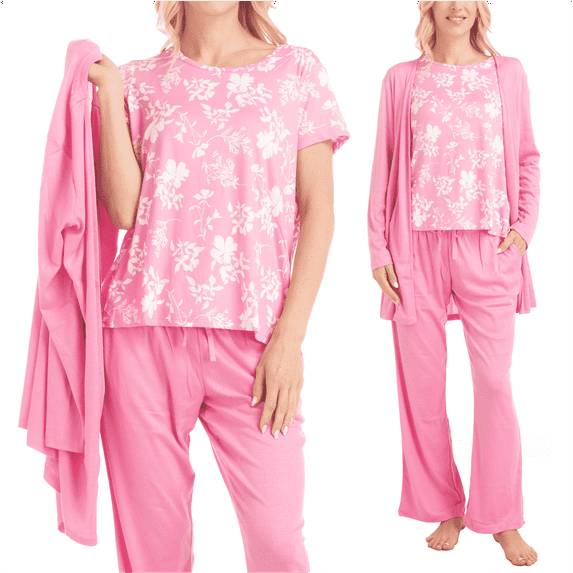 MUK LUKS Anything 3 Piece Sleep and Lounge Set, Pink/Lacey Floral, T/XL
