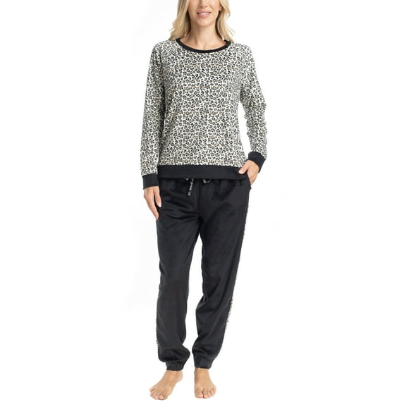 MUK LUKS Likely to Lounge Women's 2-Piece Pajama Set, Minky Fleece Long Sleeve and Jogger Pjs, Black/Leopard, L