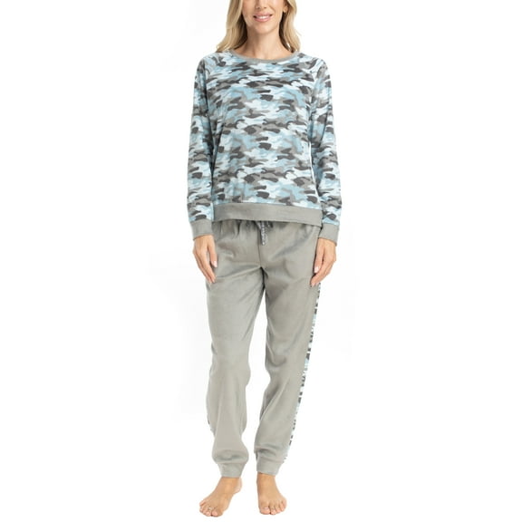 MUK LUKS Likely to Lounge Women's 2-Piece Pajama Set, Minky Fleece Long Sleeve and Jogger Pjs, Gray/River Camo, S