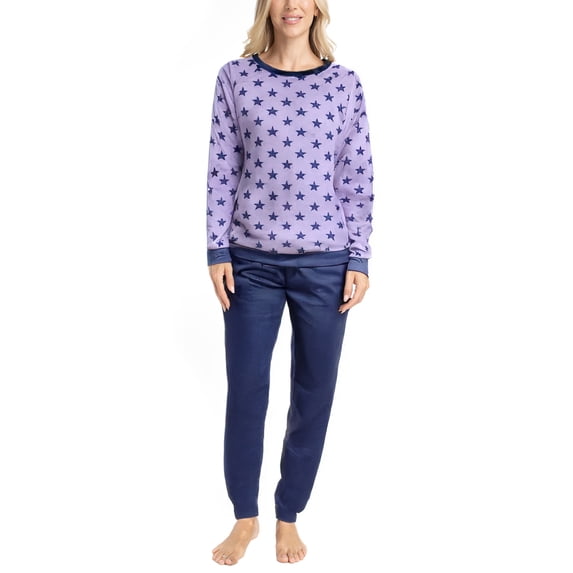 MUK LUKS Likely to Lounge Women's 2-Piece Pajama Set, Minky Fleece Long Sleeve and Jogger Pjs, Purple/Stars, XS