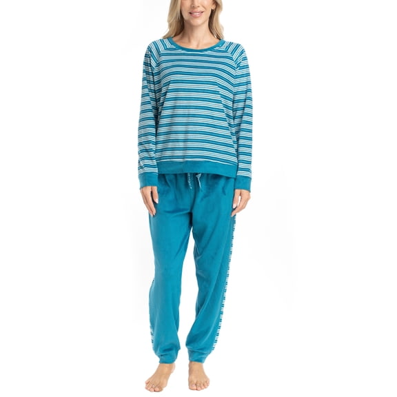 MUK LUKS Likely to Lounge Women's 2-Piece Pajama Set, Minky Fleece Long Sleeve and Jogger Pjs, Teal/Stripe, XS