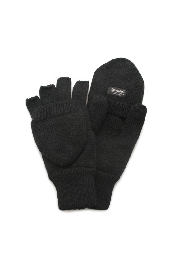 Quietwear Unisex Knit Flip Gloves with 40 Gr Thinsulate, Black, Large