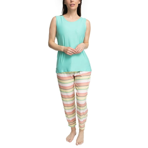 MUK LUKS Tank and Jogger Pajama Set, Aqua/Multistripe, 1X