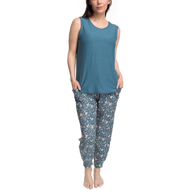 MUK LUKS Tank and Jogger Pajama Set, Denim/Tropical Floral, Medium