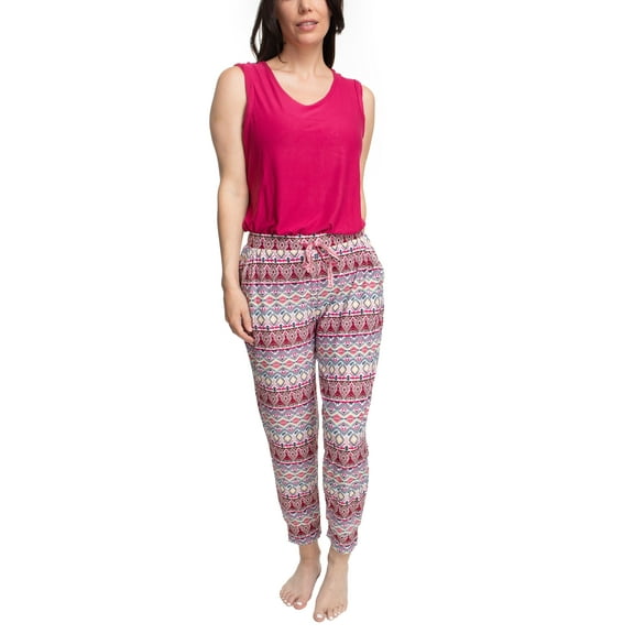 MUK LUKS Tank and Jogger Pajama Set, Raspberry/Ikat, Small