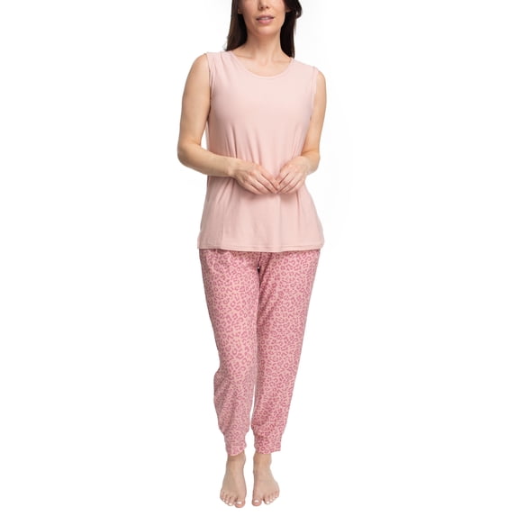 MUK LUKS Tank and Jogger Pajama Set, Rose Cloud/Animal, Large