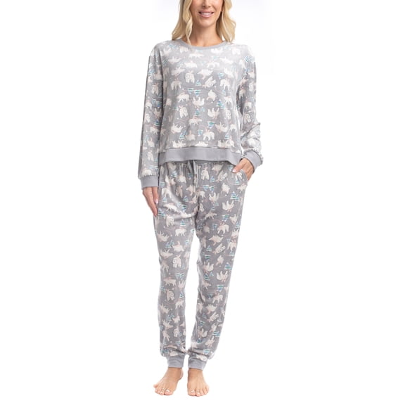 MUK LUKS Women's 2 Piece Pajama Set, Long Sleeve Shirt and Joggers - Silky Velour Mountain Vibes, Bear Crawl, S