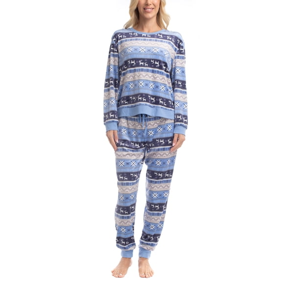 MUK LUKS Women's 2 Piece Pajama Set, Long Sleeve Shirt and Joggers - Silky Velour Mountain Vibes, Snow Dot, L
